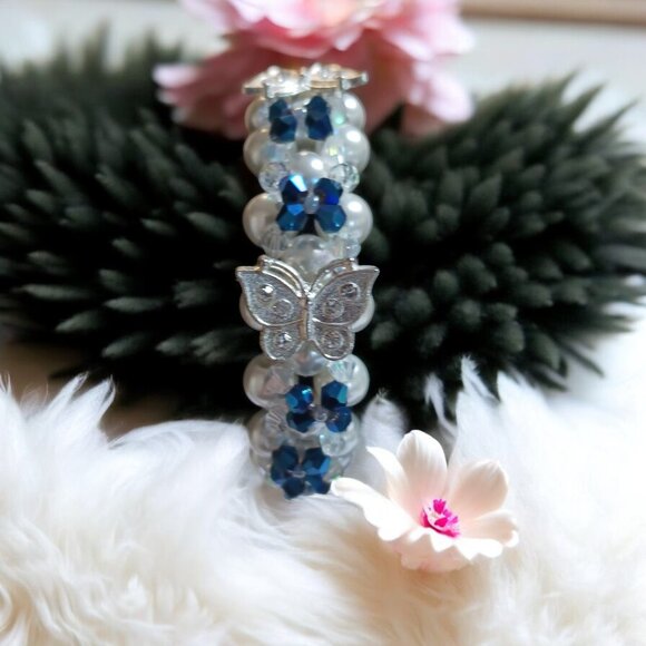 Handcrafted Butterfly & Pearl Beaded Bracelet – Cobalt Blue & Crystal Accents - Picture 2 of 7